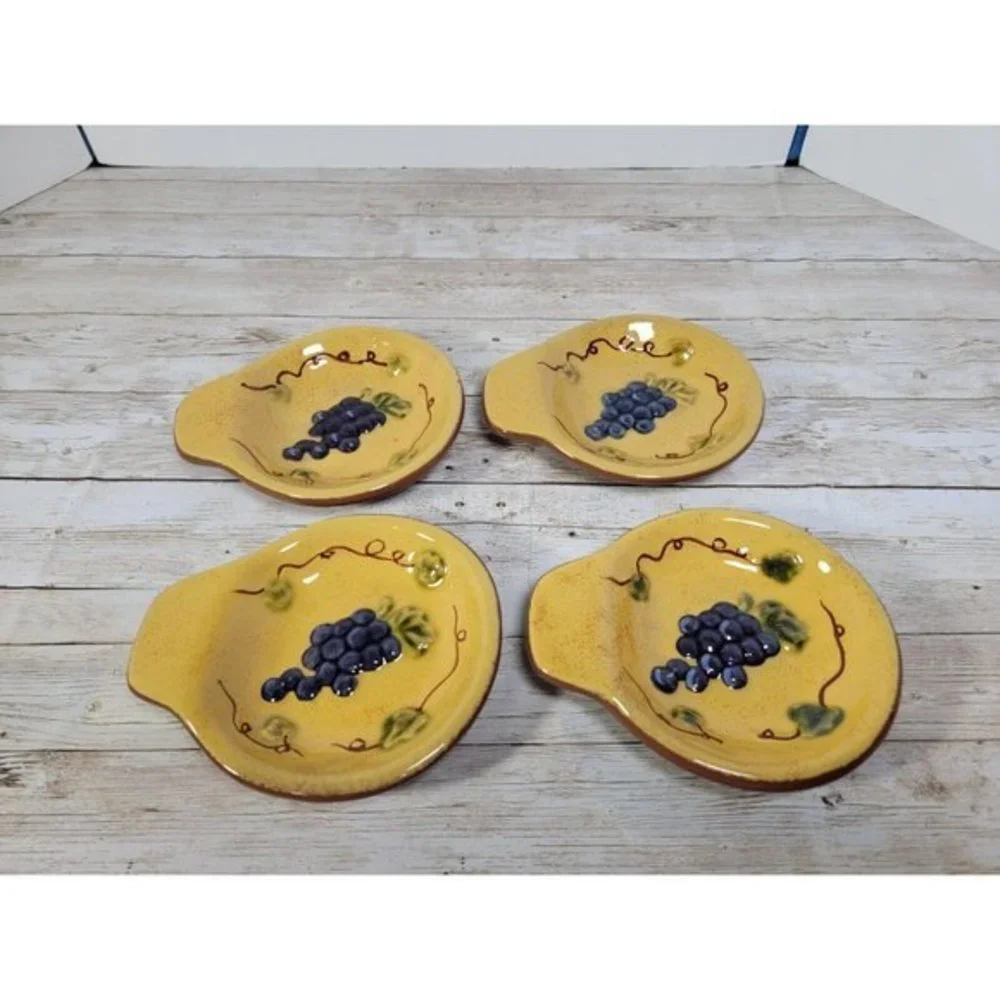 Set 4 Olive Pits Appetizer Side‎ Plate Olive Oil Bread Dipper Grapes Ceramic